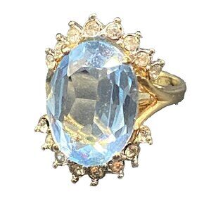 Faux Aquamarine Ring CZ 18K GE Yellow Gold Electroplate Sz 9 March BDay Cocktail